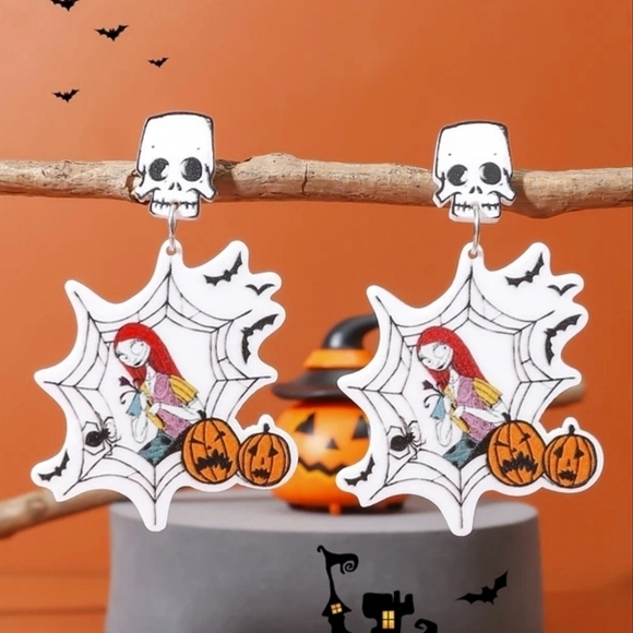 Nightmare Before Christmas Sally Web and Pumpkin Drop Earrings in White NWT - Picture 1 of 8